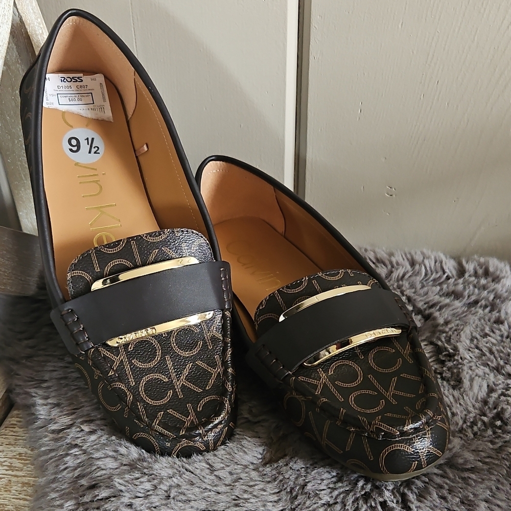 Calvin Klein Women's Black Logo Loafers with Gold Accent - Picture 2 of 5